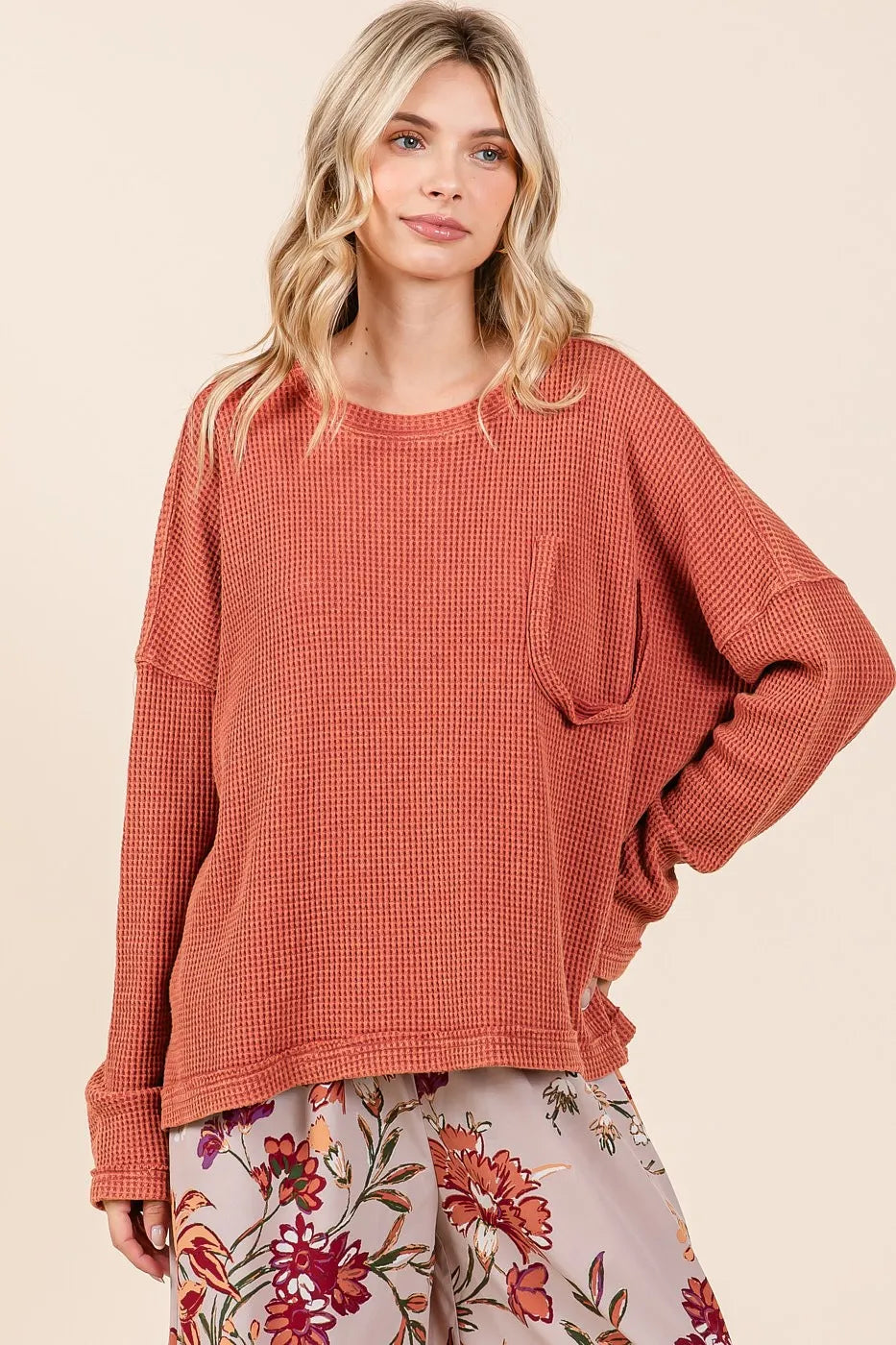 Mittoshop Mineral Wash Cutout Pocket Long Sleeve Waffle Top