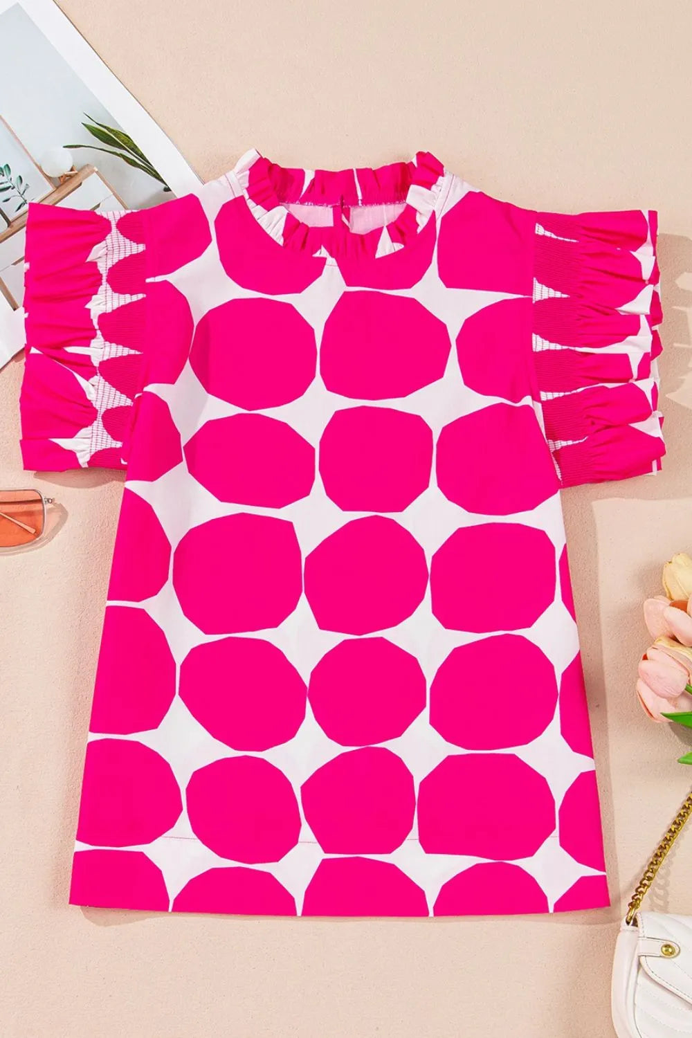 Bubblegum Pattern Frilled Collar Flutter Sleeve Top