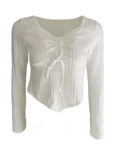 Drawstring Ruched Long Sleeve Ribbed Top - Clothes For Her Online Store