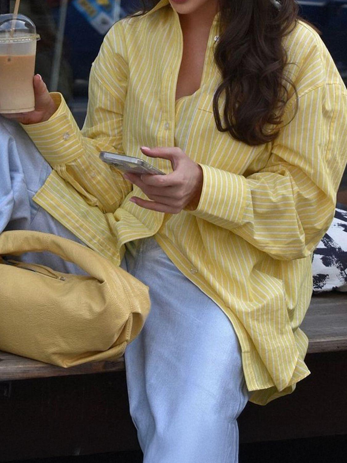 Devine Striped Collared Neck Long Sleeve Shirt - Clothes For Her Online Store