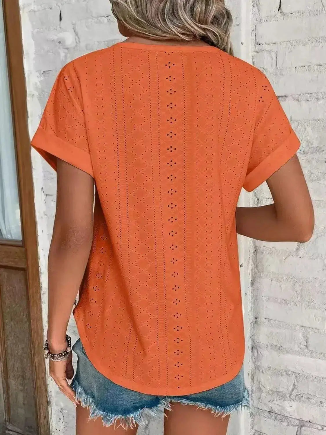 Eyelet Round Neck Short Sleeve Top - Clothes For Her Online Store