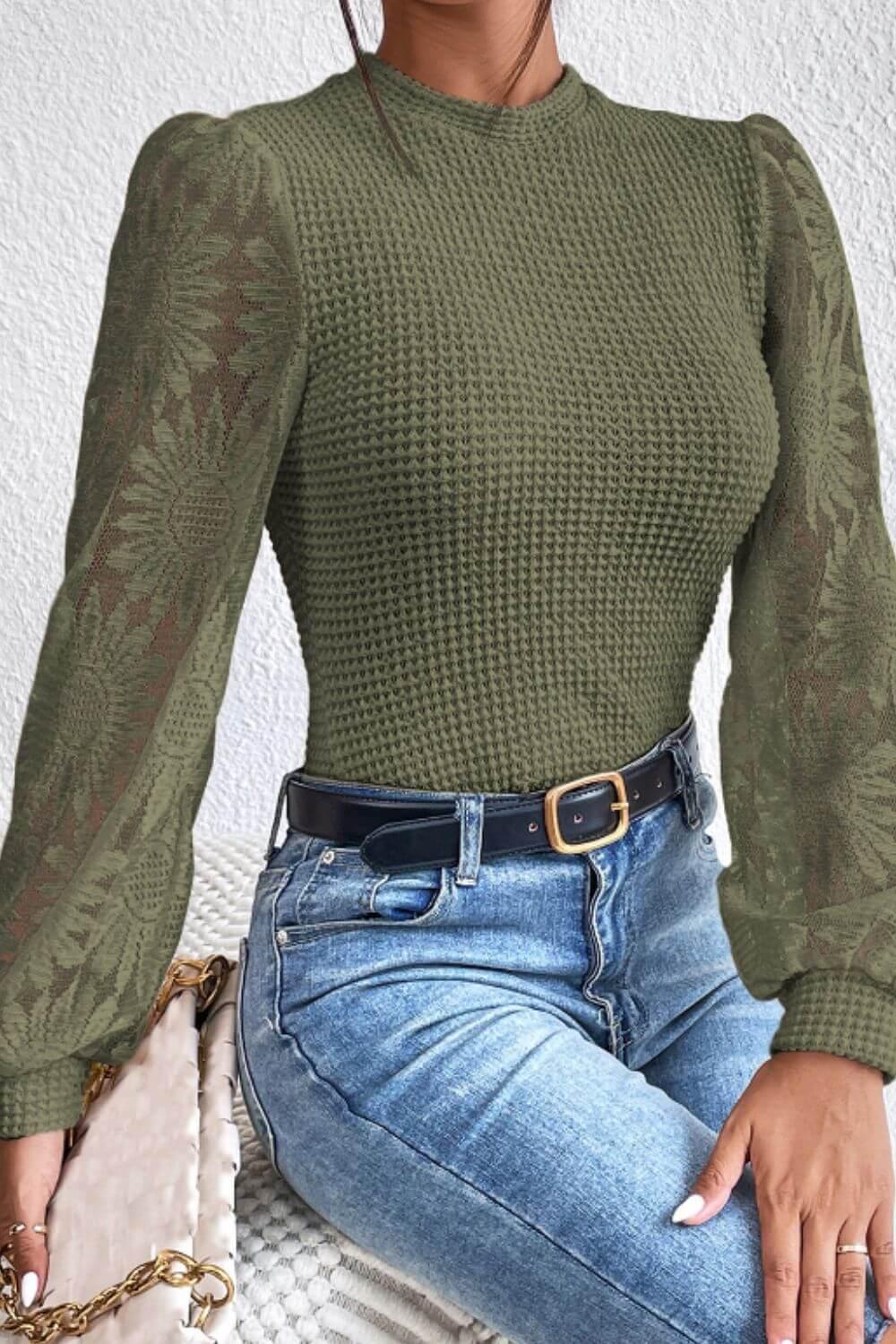 Mock Neck Lace Long Sleeve Top - Clothes For Her Online Store