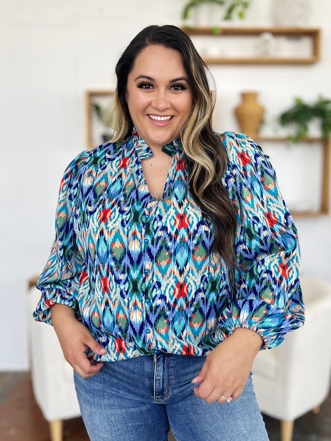 Double Take Full Size Printed Balloon Sleeve Blouse - Clothes For Her Online Store