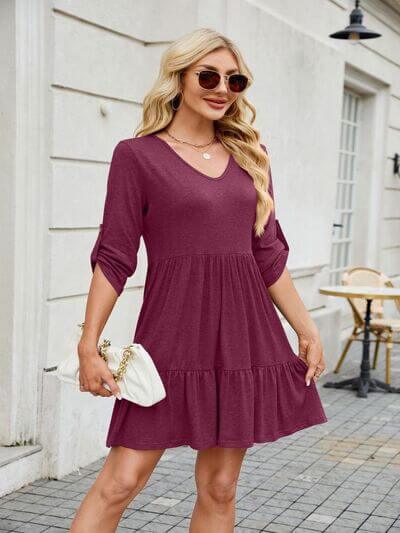 Tiered Ruched V-Neck Mini Dress - Clothes For Her Online Store
