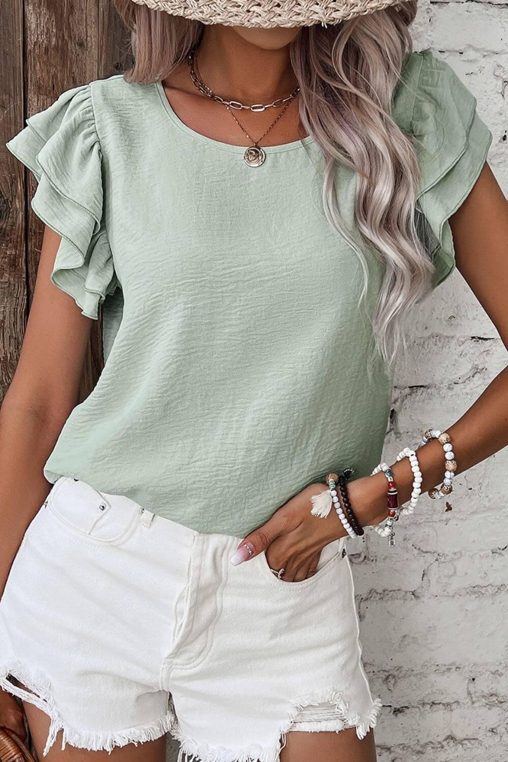 V-Neck Ruffled Cap Sleeve Blouse - Clothes For Her Online Store