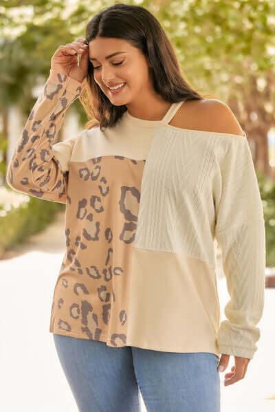 Plus Size Leopard Color Block Long Sleeve T-Shirt - Clothes For Her Online Store
