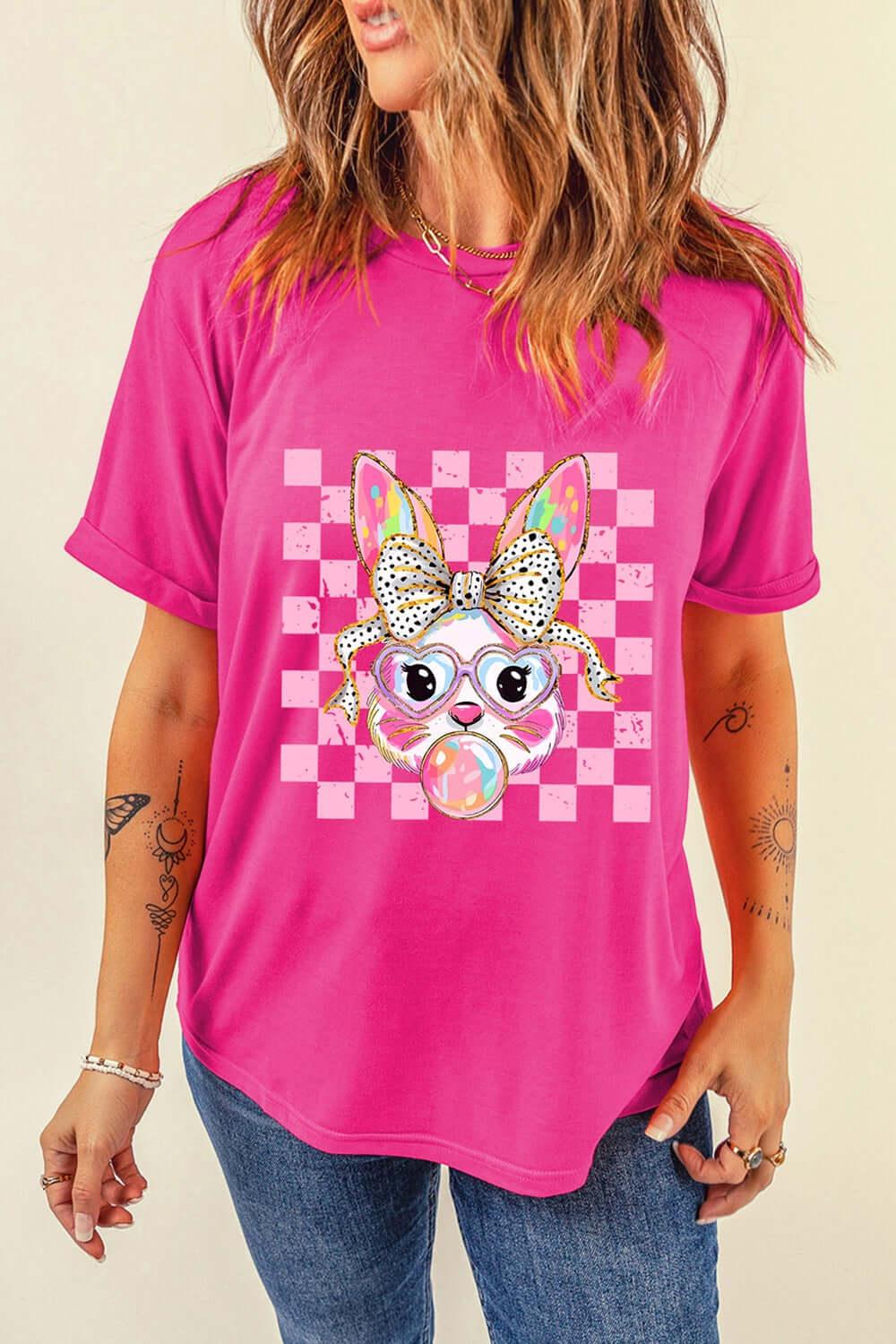 Rabbit Graphic Round Neck Short Sleeve T-Shirt - Clothes For Her Online Store