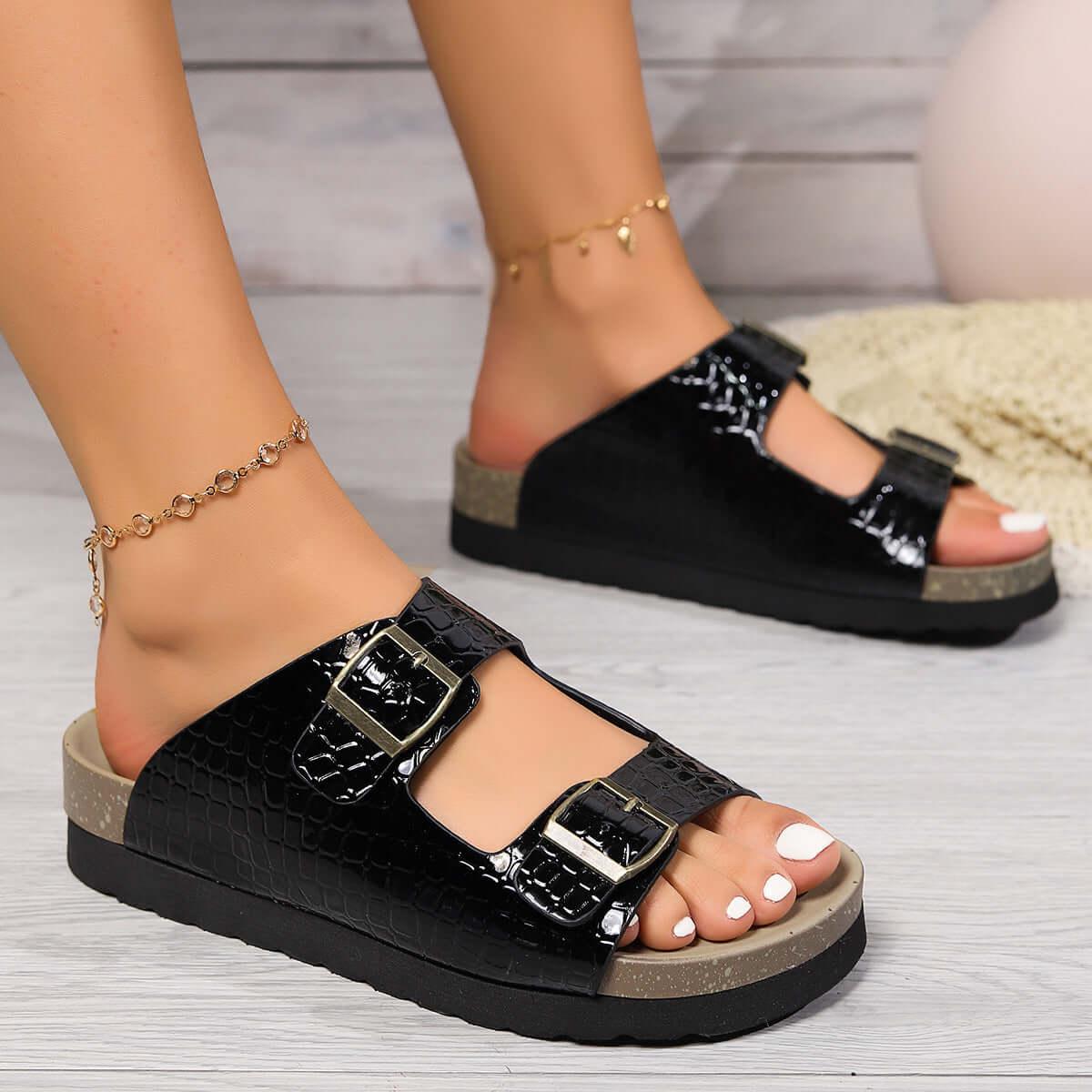 Open Toe Double Buckle Sandals - Clothes For Her Online Store