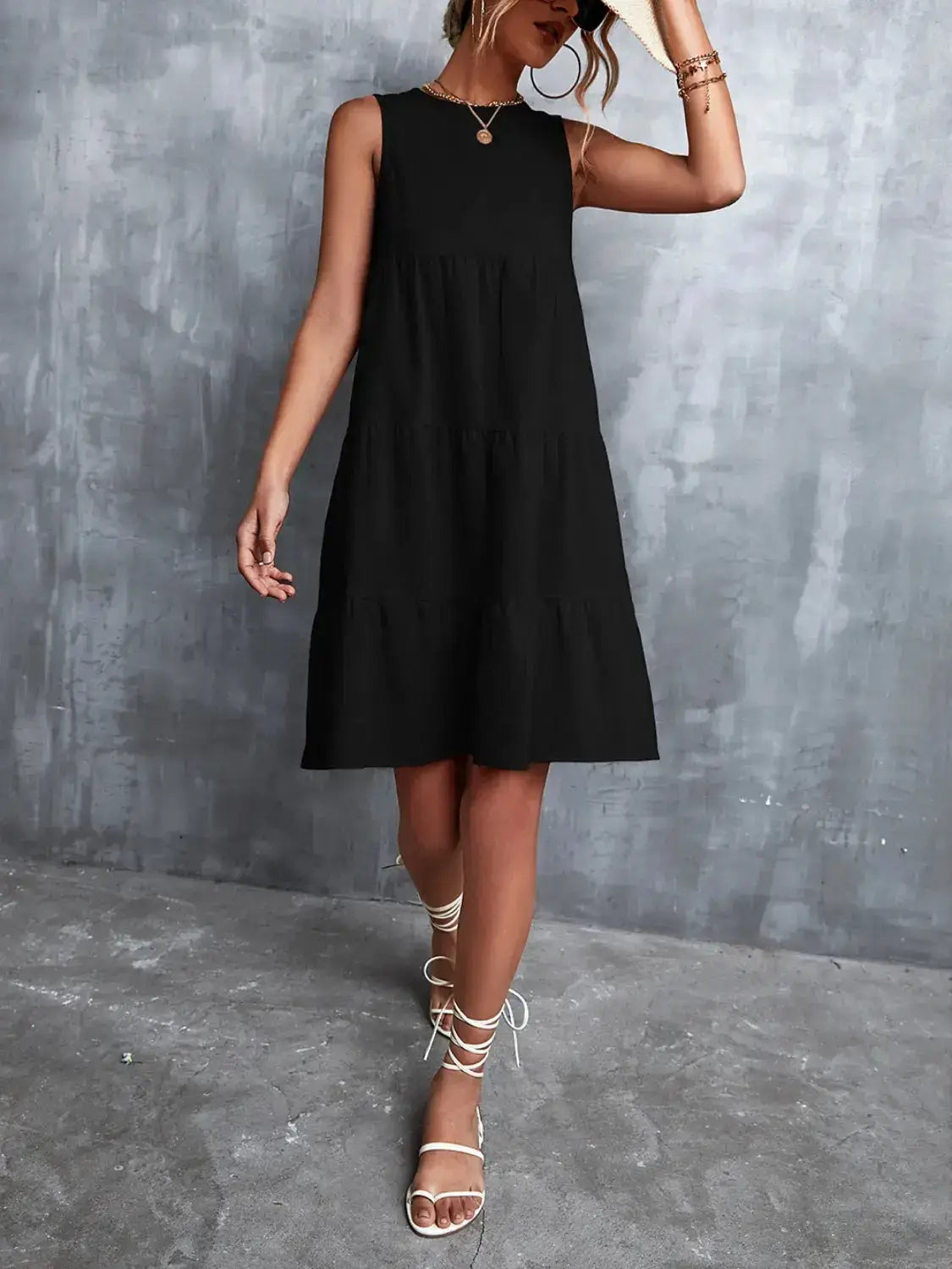 Tiered Round Neck Sleeveless Mini Tank Dress