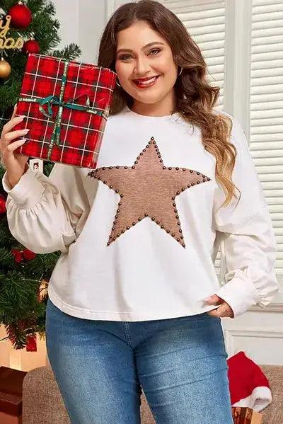 Plus Size Studded Star Round Neck Long Sleeve Blouse - Clothes For Her Online Store