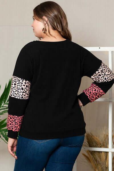 Plus Size Leopard Dropped Shoulder Long Sleeve T-Shirt - Clothes For Her Online Store