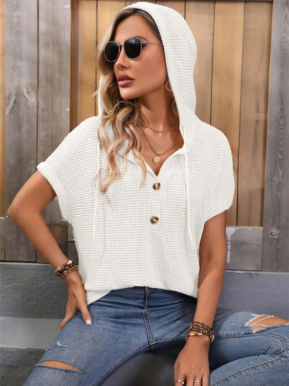 Waffle-Knit Hooded Short Sleeve Top - Clothes For Her Online Store