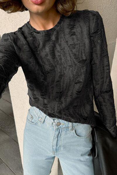 Distressed Round Neck Long Sleeve Blouse - Clothes For Her Online Store