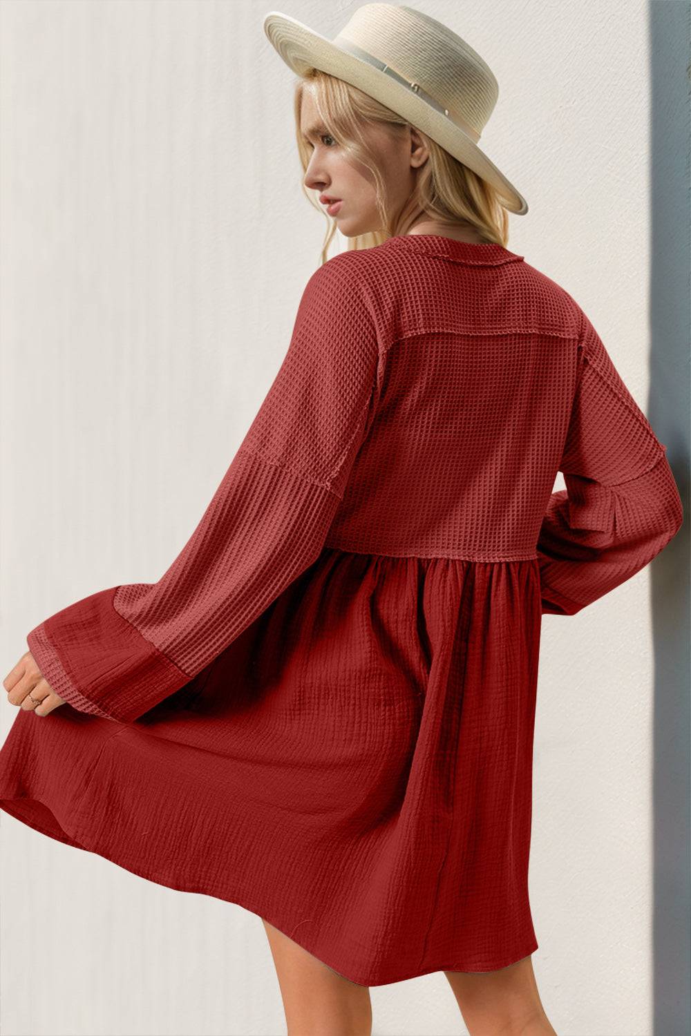 Double Take Waffle-Knit Contrast Half Button V-Neck Long Sleeve Mini Dress - Clothes For Her Online Store