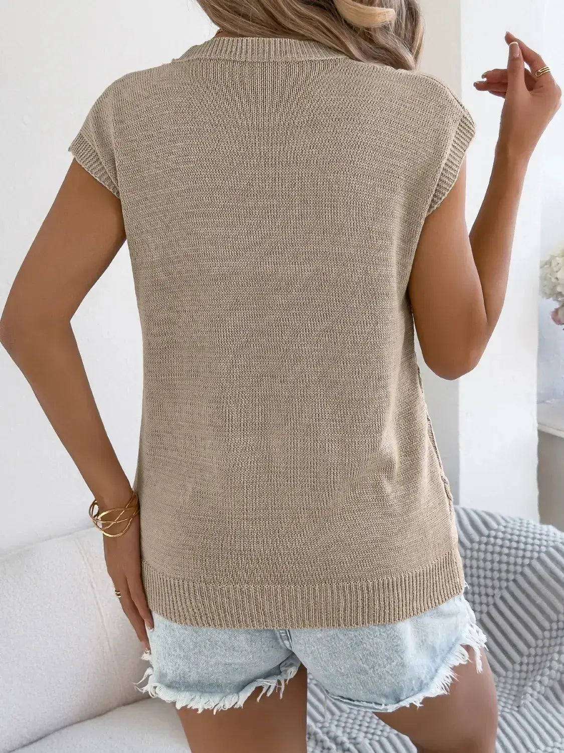 Round Neck Cap Sleeve Knit Top - Clothes For Her Online Store