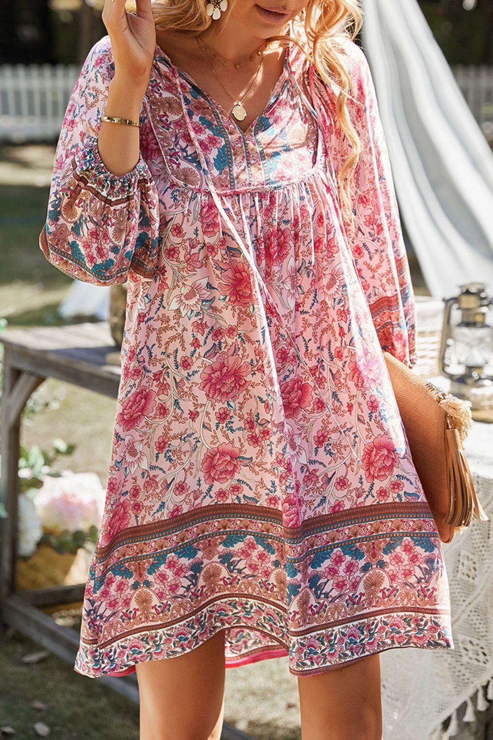 Devine Printed Tie Neck Mini Dress - Clothes For Her Online Store