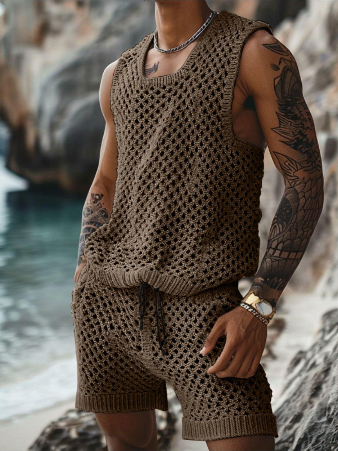 Men's Plus Size Hollow Out Round Neck Tank and Shorts Set - Clothes For Her Online Store