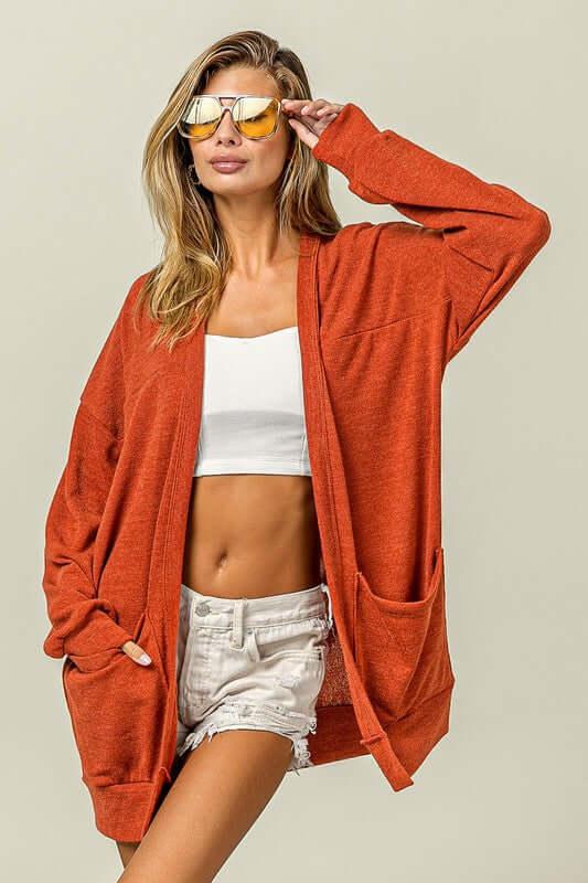 BiBi Open Front Drop Shoulder Cardigan with Pockets - Clothes For Her Online Store