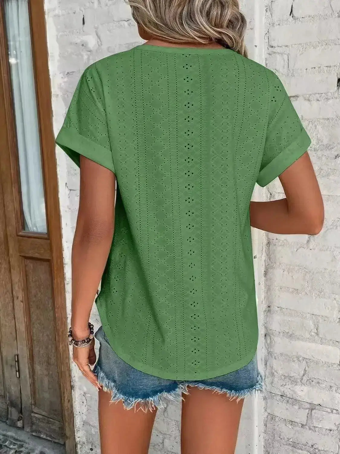 Eyelet Round Neck Short Sleeve Top - Clothes For Her Online Store