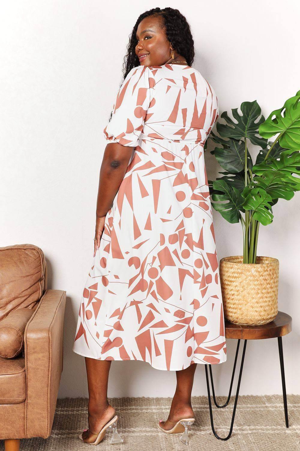 Printed Surplice Balloon Sleeve Dress - Clothes For Her Online Store