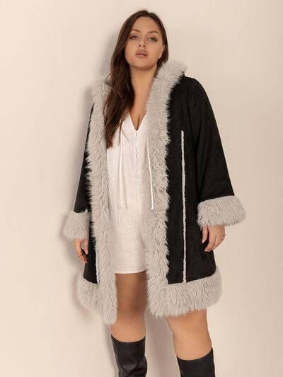Plus Size Fuzzy Trim Open Front Long Sleeve Hooded Coat - Clothes For Her Online Store