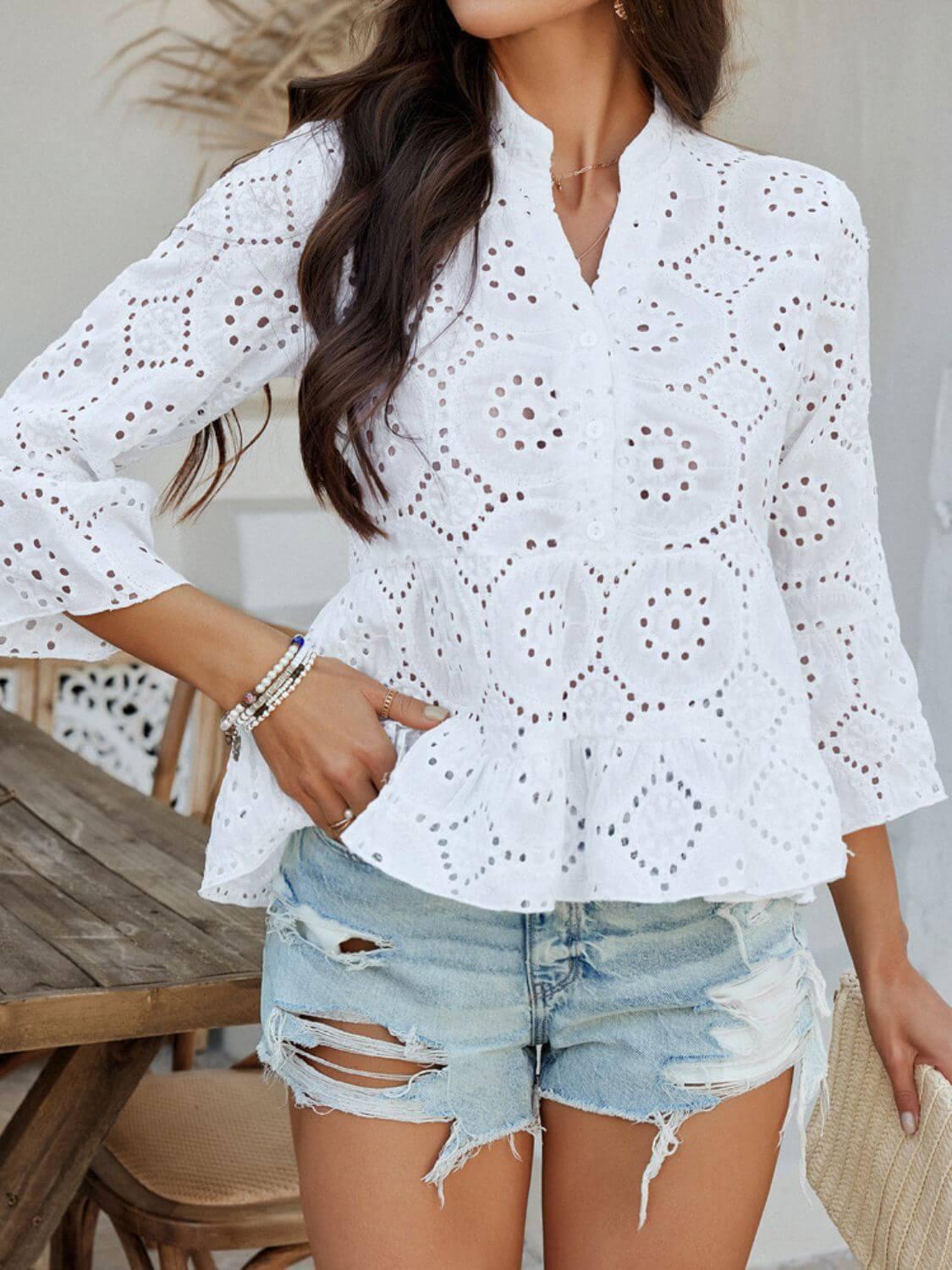 Devine Half Button Flounce Sleeve Peplum Blouse - Clothes For Her Online Store