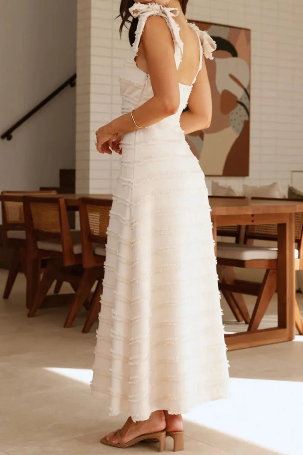 Textured V-Neck Tie Shoulder Dress