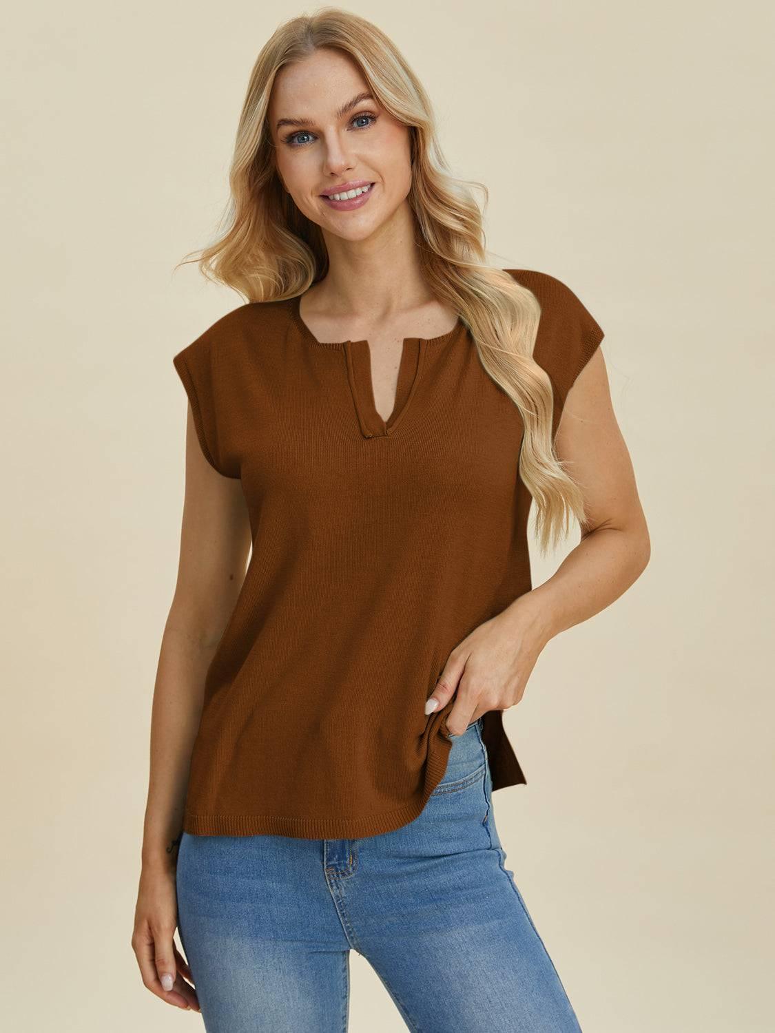 Double Take Full Size Notched Cap Sleeve Knit Top - Clothes For Her Online Store