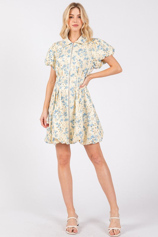 GeeGee Floral Eyelet Zipper Front Puff Sleeve Mini Dress - Clothes For Her Online Store