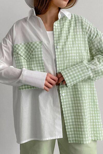 Two-Tone Plaid Button Down Long Sleeve Shirt - Clothes For Her Online Store