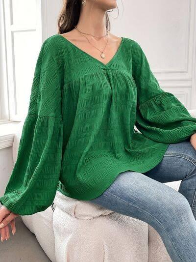 Plus Size Texture V-Neck Long Sleeve Top - Clothes For Her Online Store