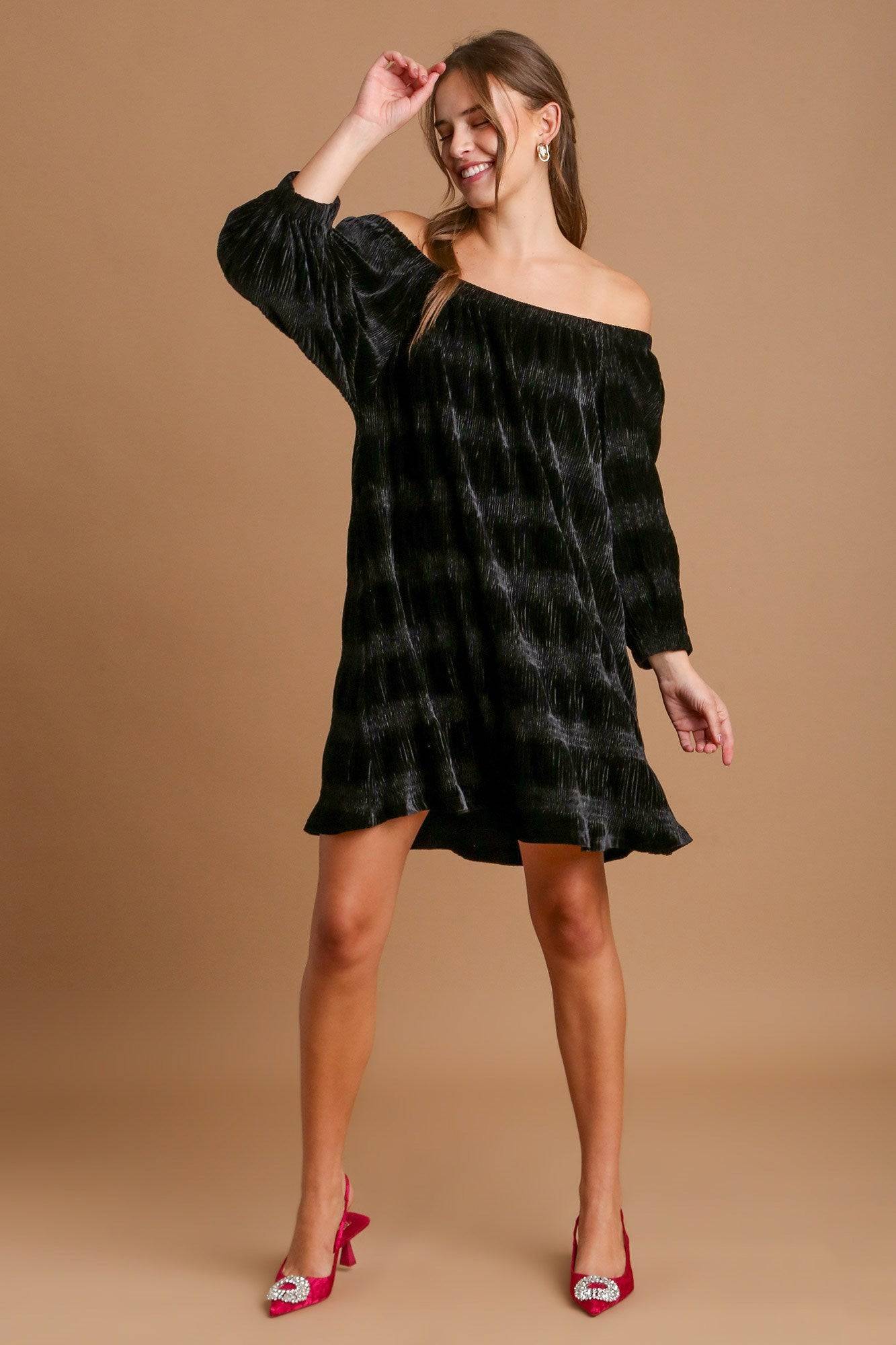 Umgee Off-Shoulder Balloon Sleeve Velvet Mini Dress - Clothes For Her Online Store