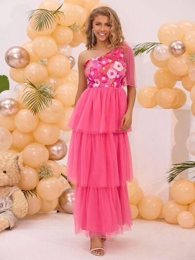 Embroidered Layered Single Shoulder Midi Dress - Clothes For Her Online Store