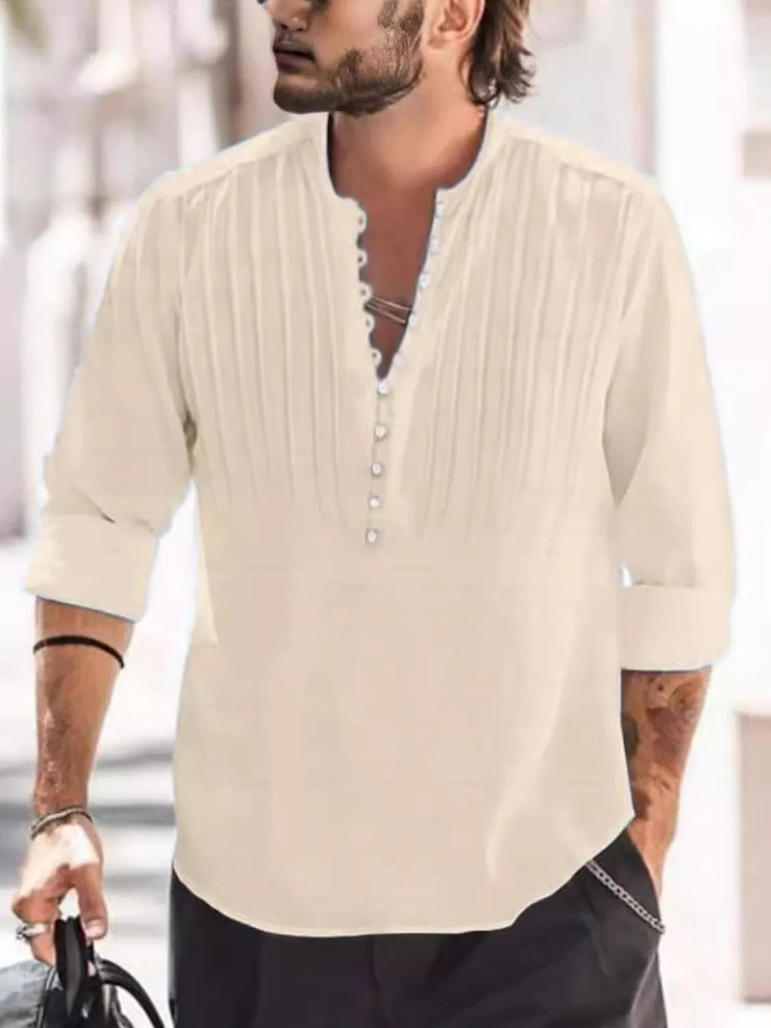 Men's Full Size Button Detail Long Sleeve Polo Plus Size