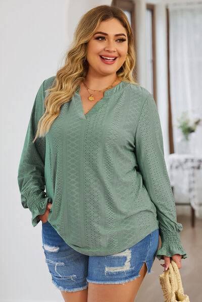 Plus Size Eyelet Notched Flounce Sleeve Blouse - Clothes For Her Online Store