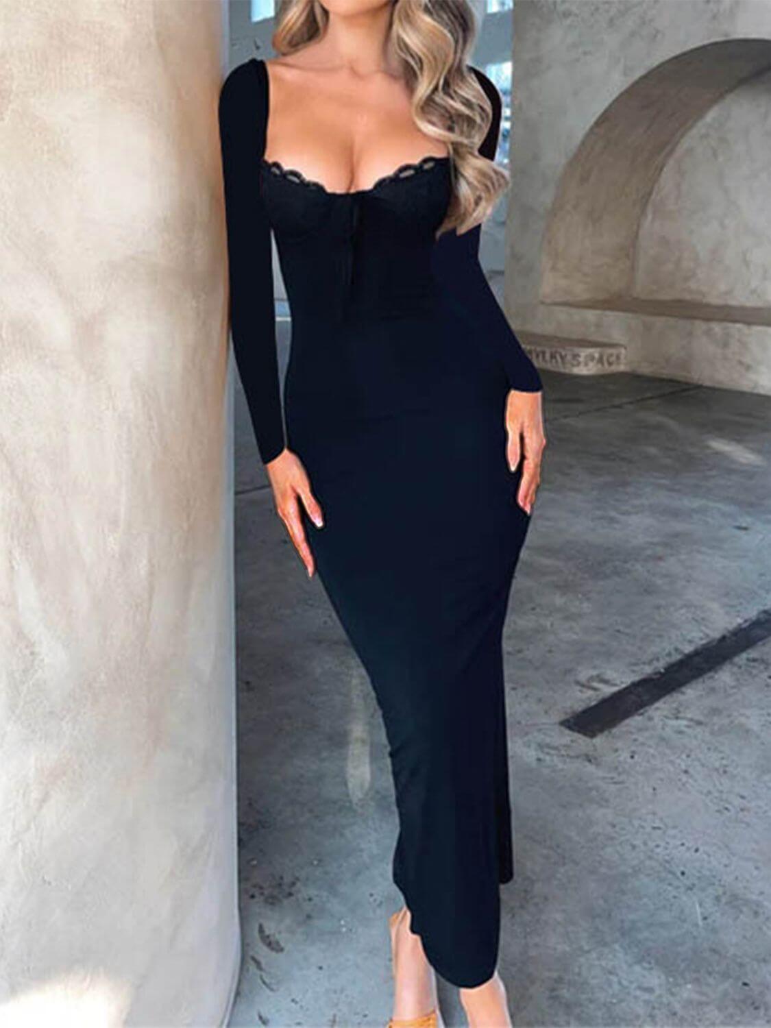 Devine Slit Lace Detail Sweetheart Neck Long Sleeve Maxi Dress - Clothes For Her Online Store