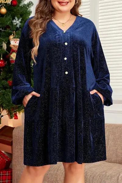 Plus Size Textured Velvet Decorative Button Long Sleeve Dress - Clothes For Her Online Store
