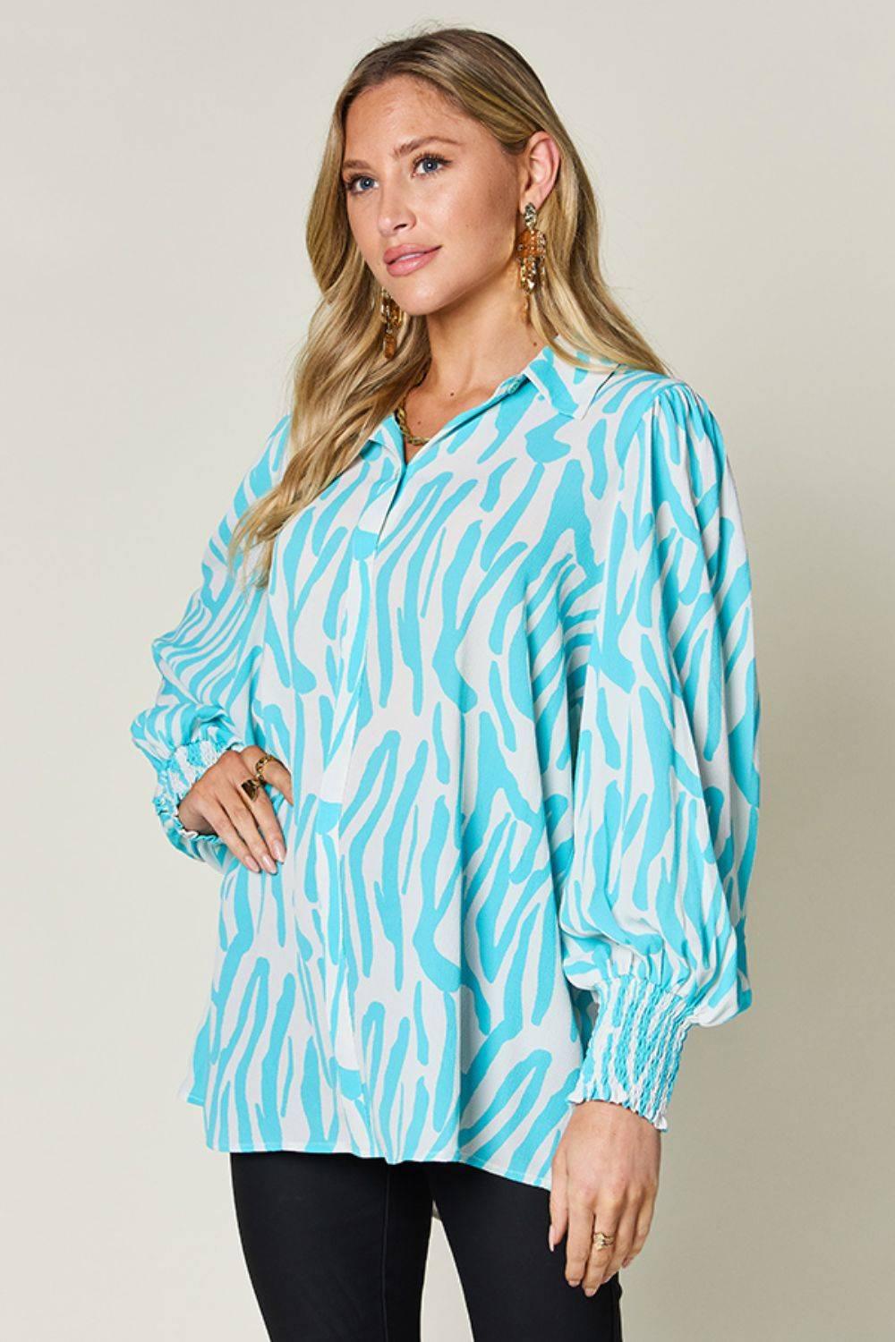 Double Take Full Size Printed Smocked Long Sleeve Blouse - Clothes For Her Online Store