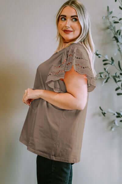 Plus Size Eyelet Round Neck Short Sleeve Blouse - Clothes For Her Online Store