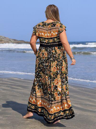 Plus Size Printed V-Neck Ruffle Cap Sleeve Maxi Dress - Clothes For Her Online Store