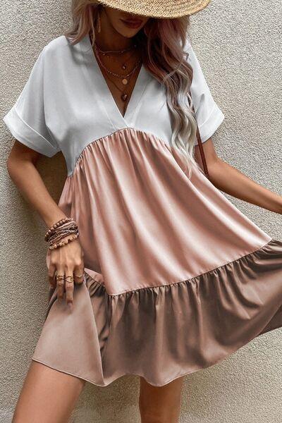Color Block Short Sleeve Mini Dress - Clothes For Her Online Store