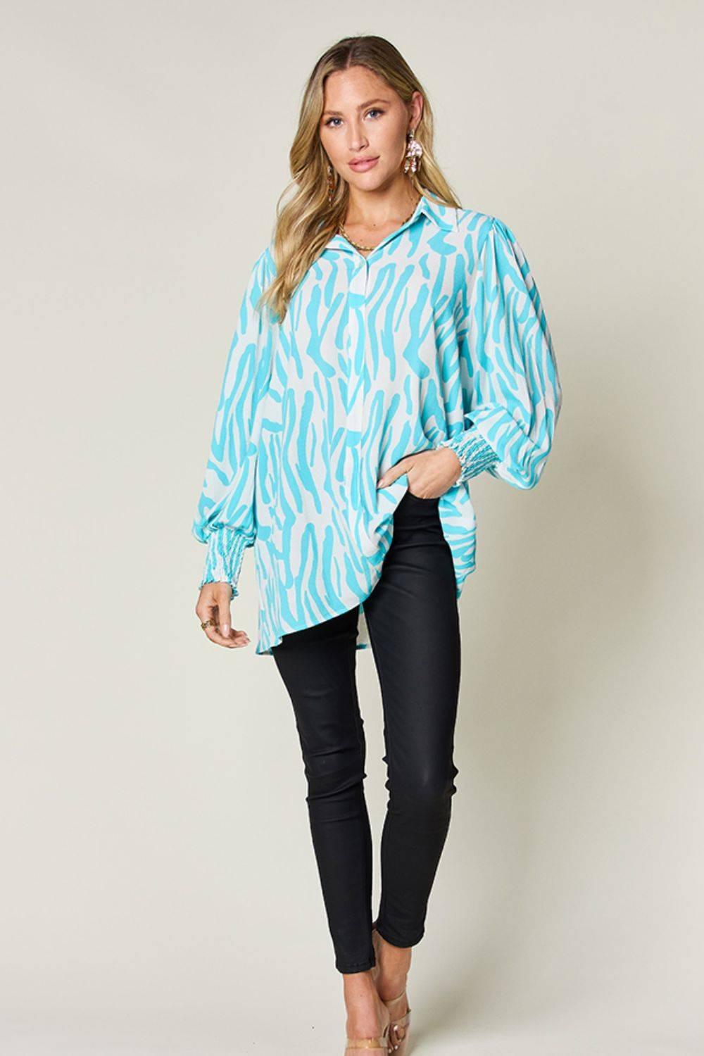 Double Take Full Size Printed Smocked Long Sleeve Blouse - Clothes For Her Online Store