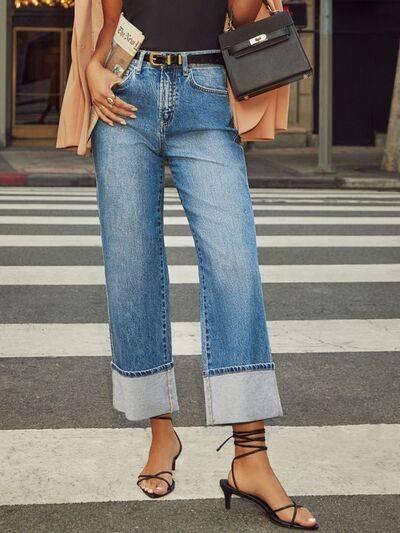 High Waisted Straight Leg Rolled Jeans - Clothes For Her Online Store