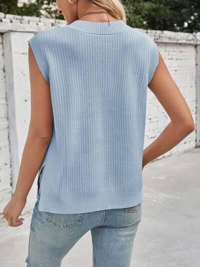 Lovelet Ribbed V-Neck Slit Sweater Vest - Clothes For Her Online Store