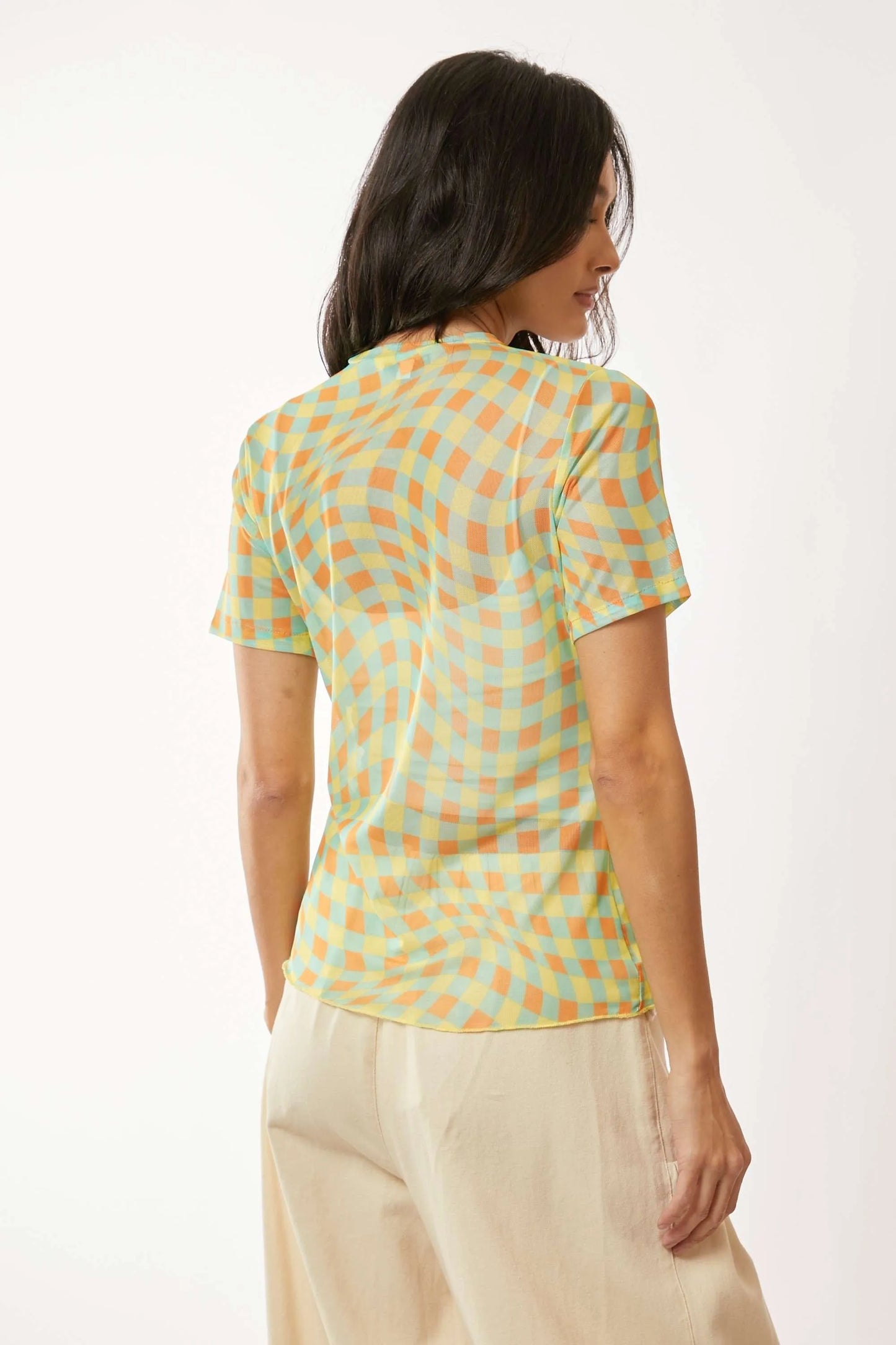Davi & Dani Checker Board Printed Mesh Short Sleeve Top