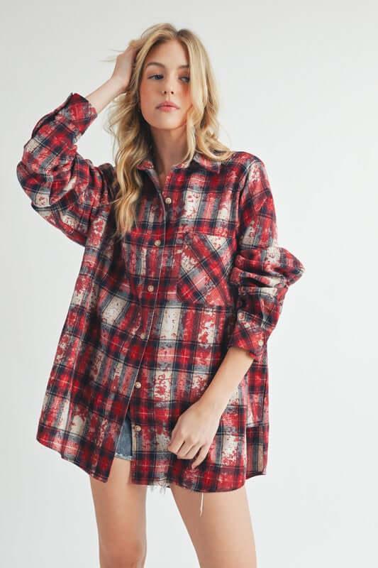 Aemi + Co Washed Plaid Button Up Raglan Sleeve Flannel Shirt - Clothes For Her Online Store