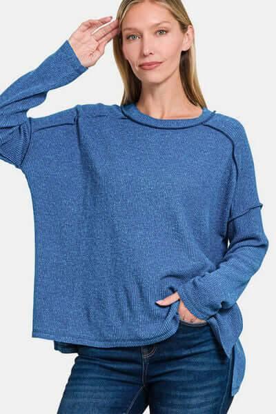 Zenana Full Size Exposed Seam Brushed Round Neck Sweater - Clothes For Her Online Store