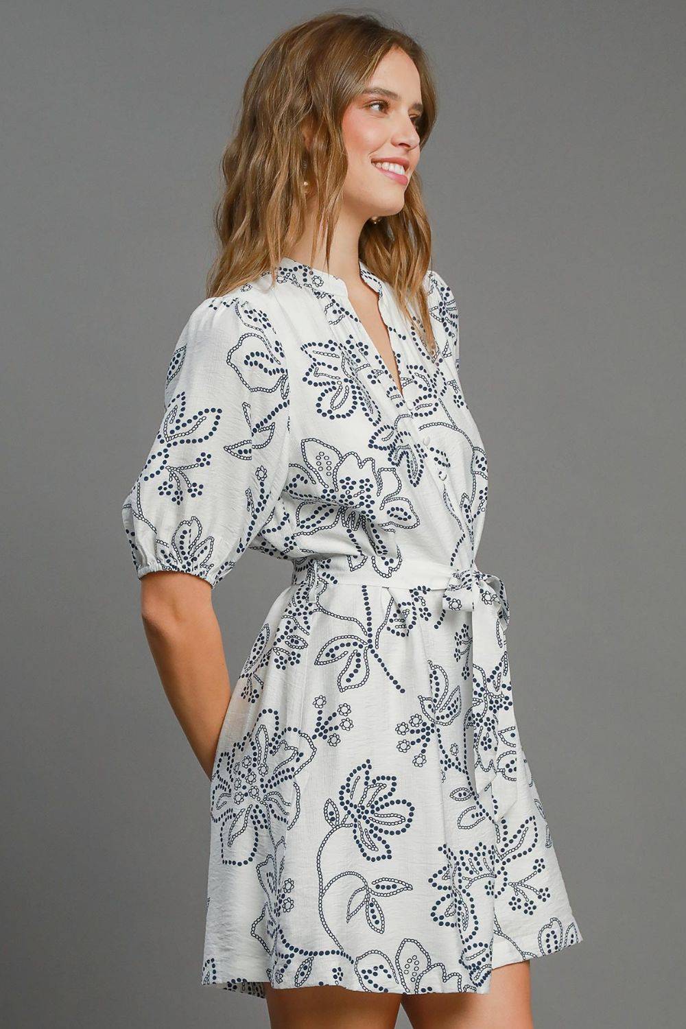 Umgee Full Size Floral Print Notched Puff Sleeve Mini Dress Plus Size - Clothes For Her Online Store