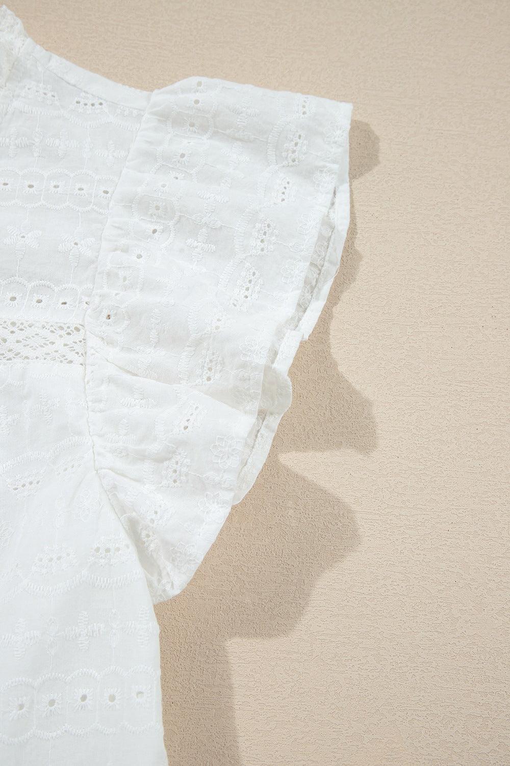 Lace Round Neck Flutter Sleeve Eyelet Blouse - Clothes For Her Online Store