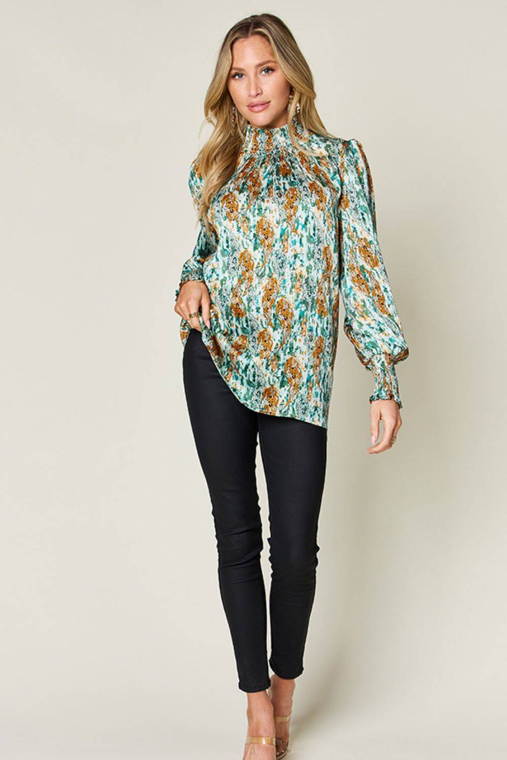 Double Take Full Size Printed Smocked Long Sleeve Blouse - Clothes For Her Online Store
